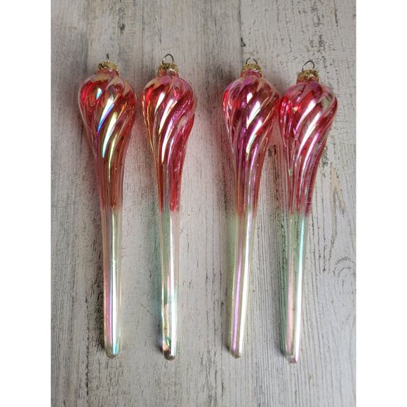 Iridescent long Red Twisted glass ornament Xmas set - Picture 2 of 7
